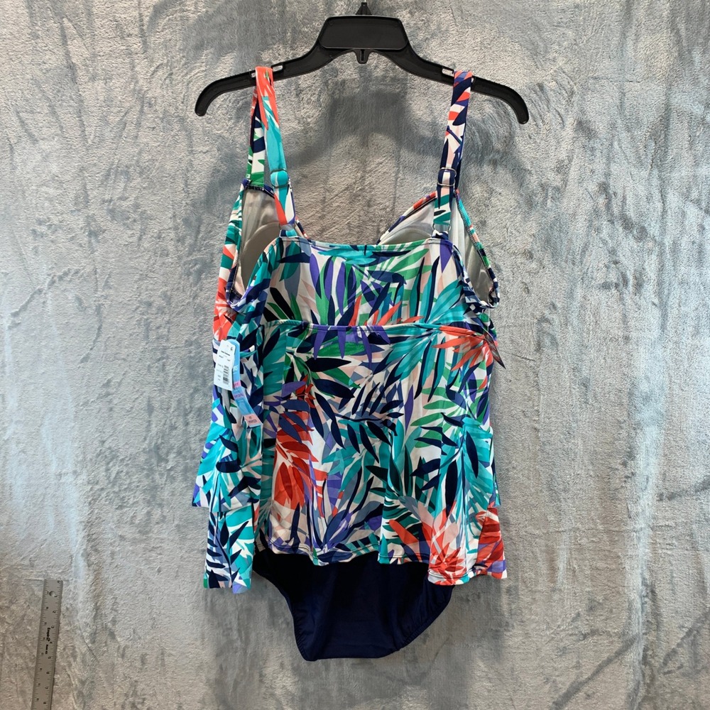Swim Solutions Womens 20W Navy Blue Tropical Tiered Fauxkini One Piece Swimsuit - Picture 2 of 8